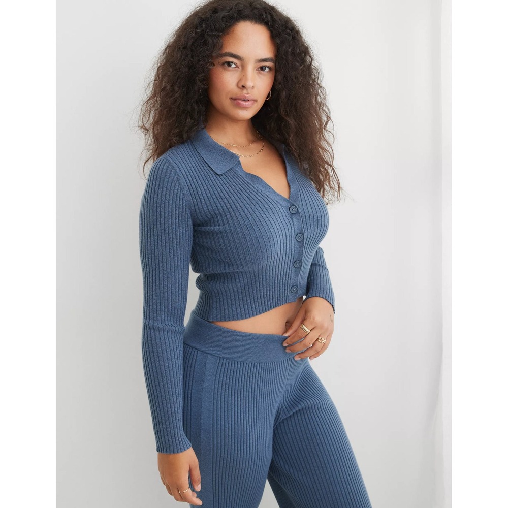 Aerie Gotta Jet! Polo Sweater Blue Women XL Ribbed Soft Button Up